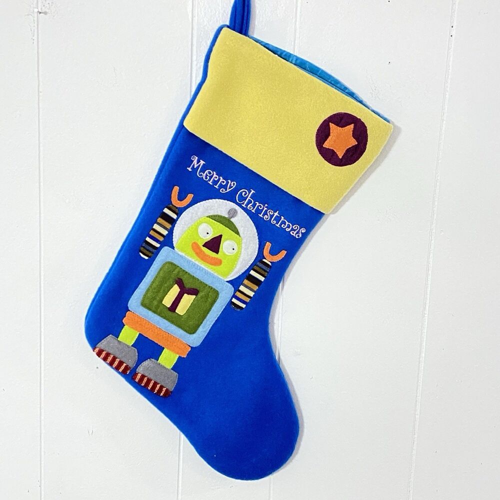 16" Blue Fleece ROBOT Appliqued CHRISTMAS Stocking Kids